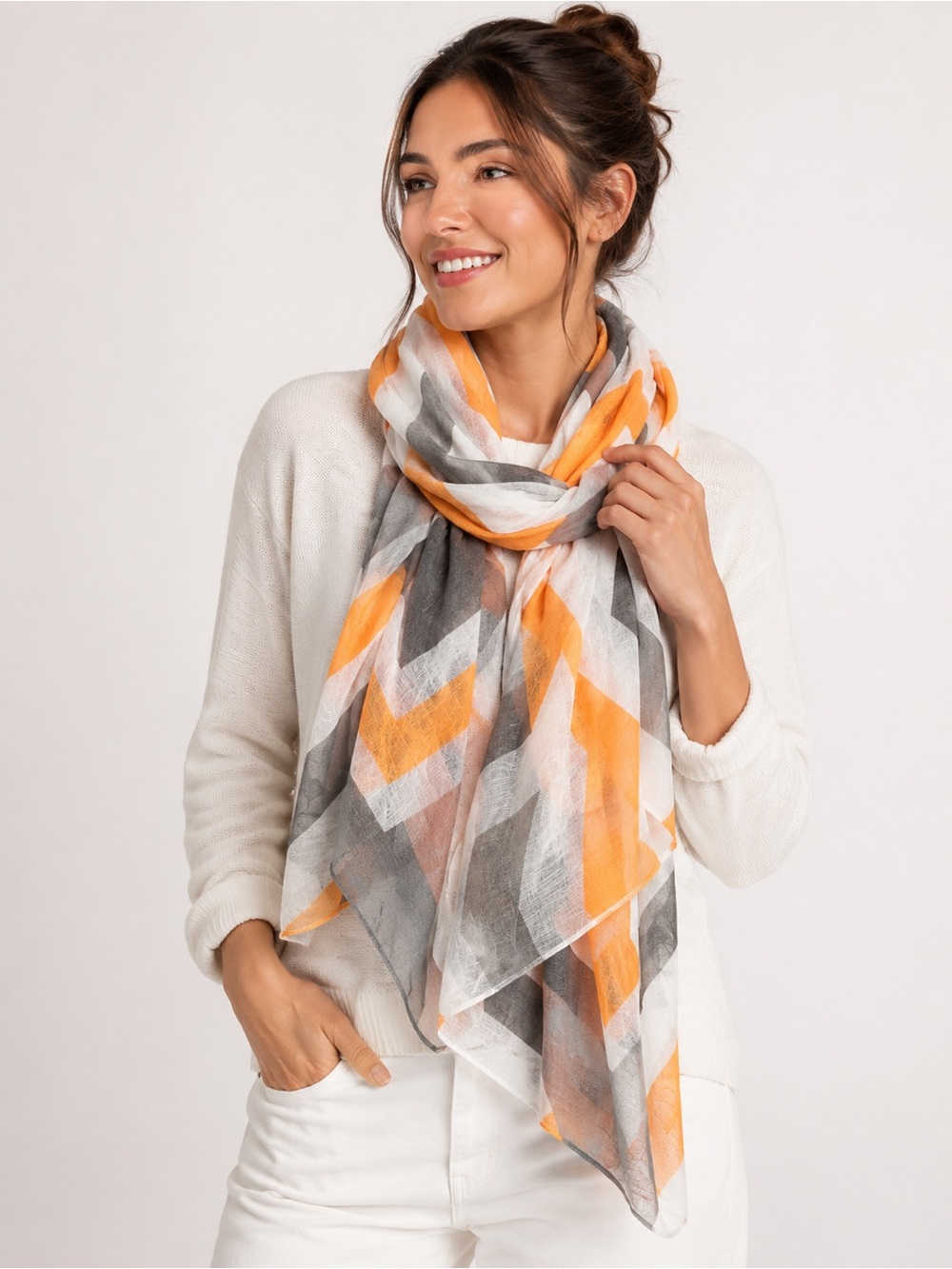 Italian Design Linen Blend Chevron Scarf Gray Orange White Wrap Shawl